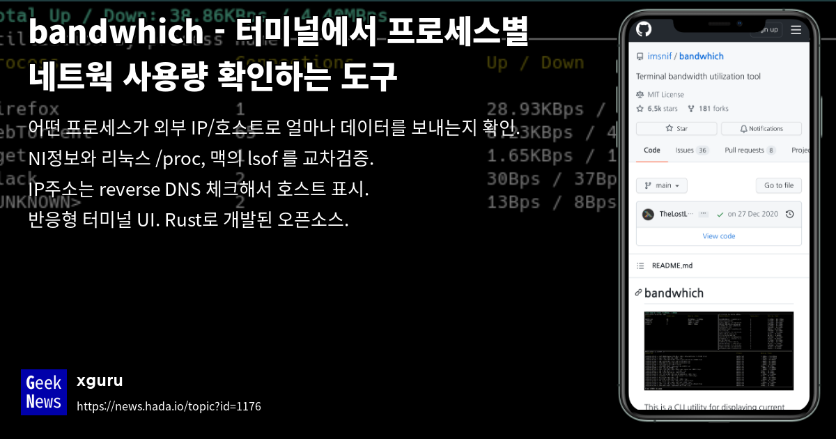 bandwhich - 터미널에서 프로세스별 네트웍 사용량 확인하는 도구 | GeekNews