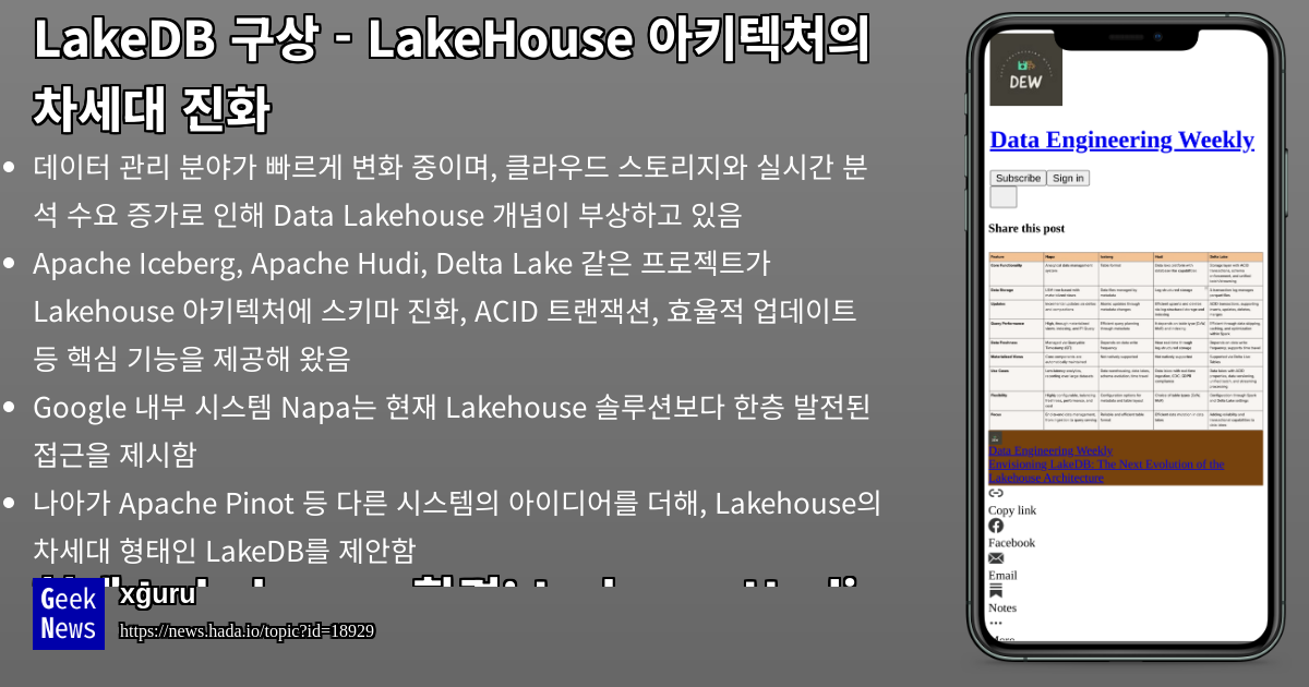 LakeDB 구상 - LakeHouse 아키텍처의 차세대 진화 | GeekNews