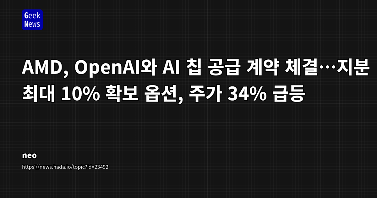 AMD, OpenAI와 AI 칩 공급 계약 체결…지분 최대 10% 확보 옵션, 주가 34% 급등