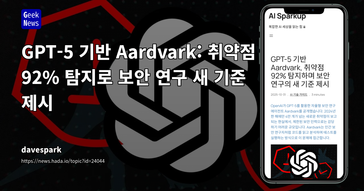 GPT-5 기반 Aardvark: 취약점 92% 탐지로 보안 연구 새 기준 제시
