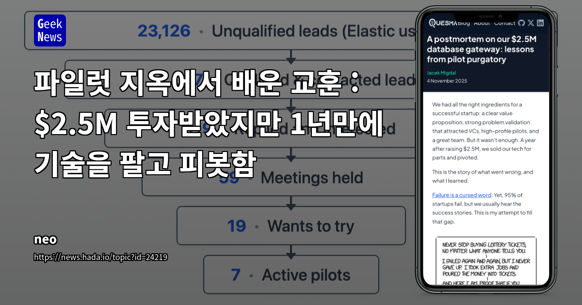 파일럿 지옥에서 배운 교훈 : $2.5M 투자받았지만 1년만에 기술을 팔고 피봇함