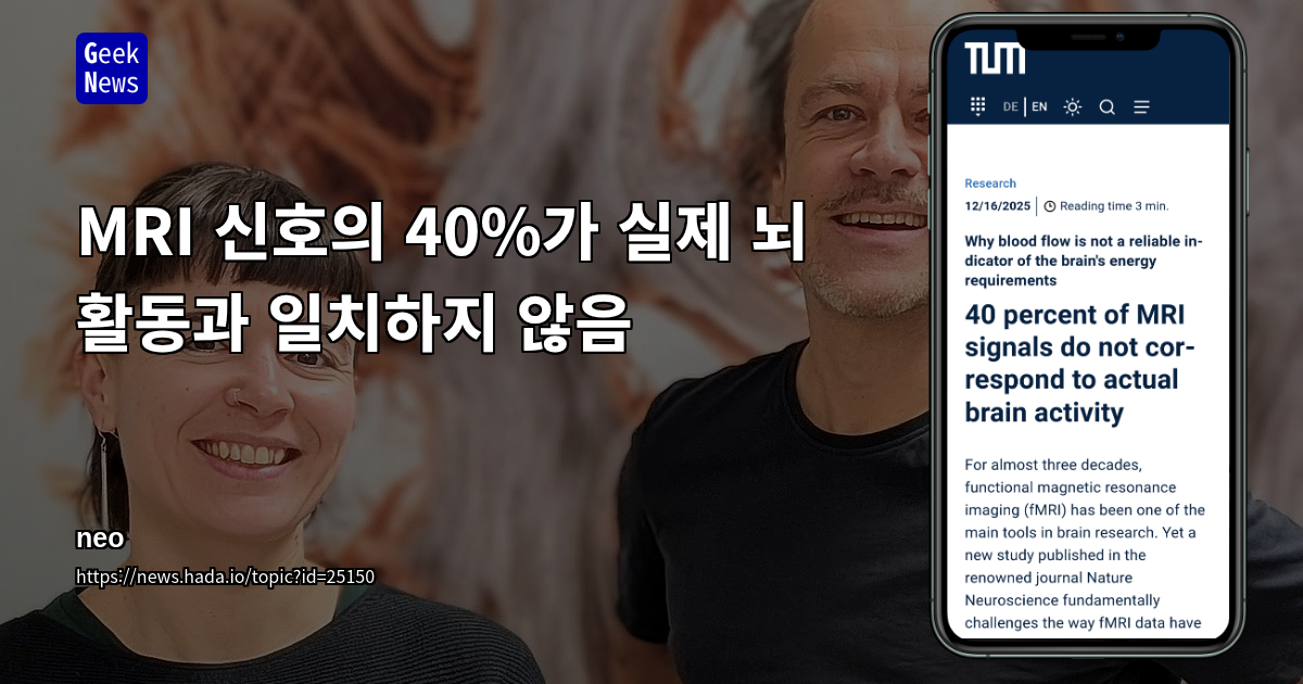 MRI 신호의 40%가 실제 뇌 활동과 일치하지 않음