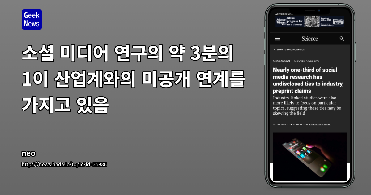 소셜 미디어 연구의 약 3분의 1이 산업계와의 미공개 연계를 가지고 있음