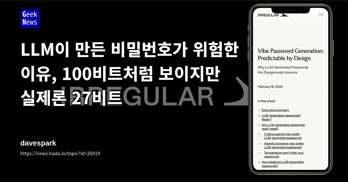 LLM이 만든 비밀번호가 위험한 이유, 100비트처럼 보이지만 실제론 27비트