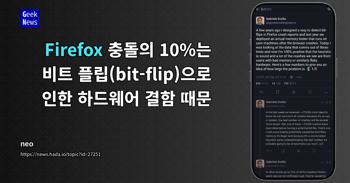 Firefox 충돌의 10%는 비트 플립(bit-flip)으로 인한 하드웨어 결함 때문