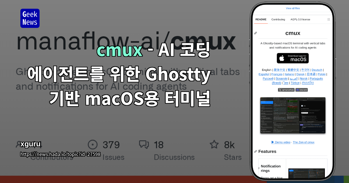 cmux - AI 코딩 에이전트를 위한 Ghostty 기반 macOS용 터미널