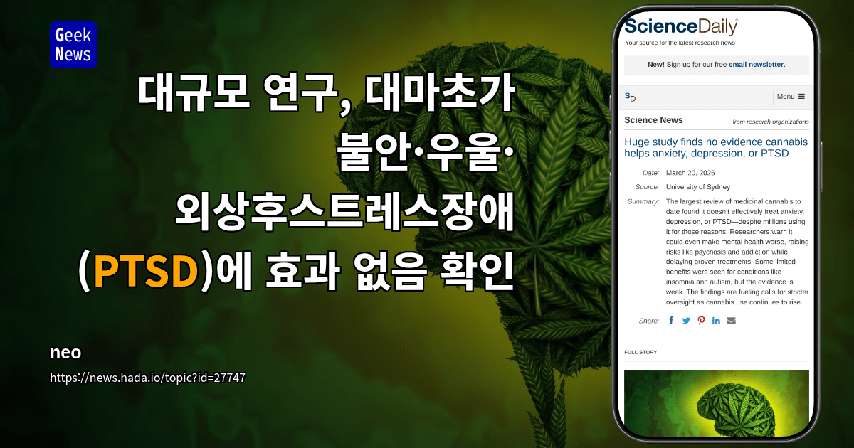 대규모 연구, 대마초가 불안·우울·외상후스트레스장애(PTSD)에 효과 없음 확인