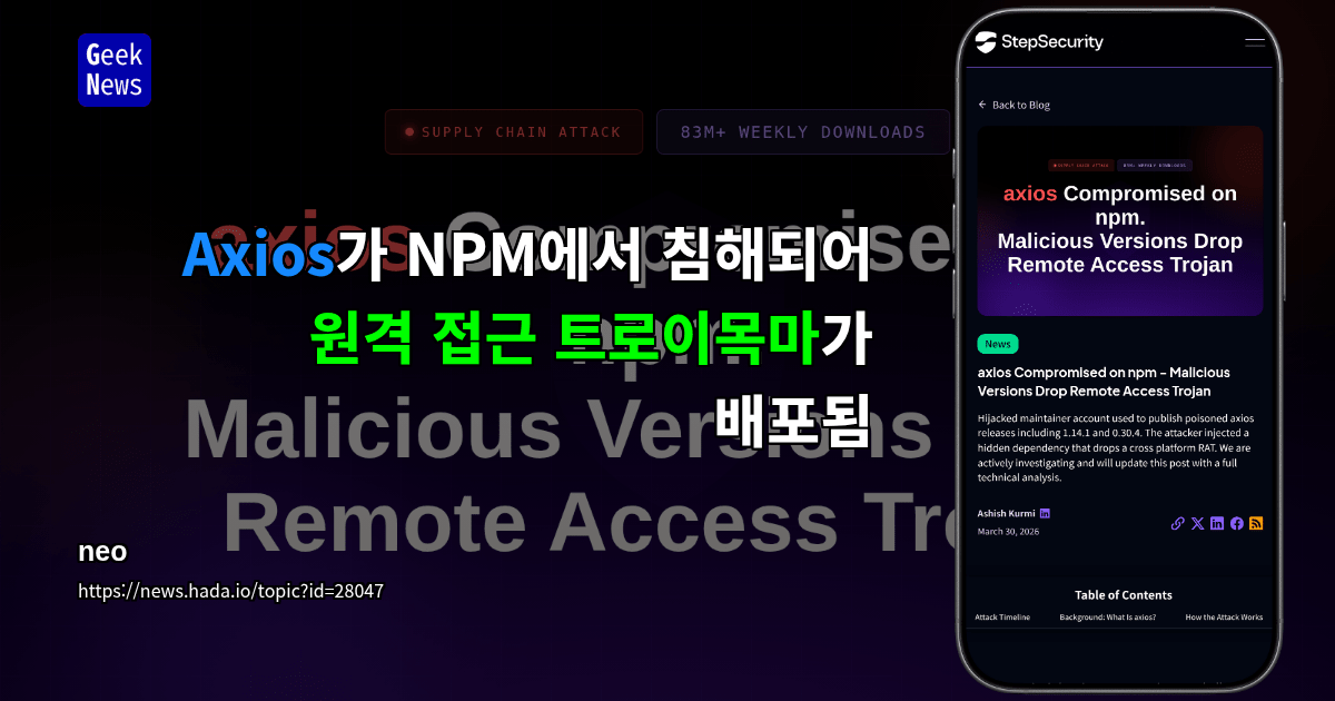 Axios가 NPM에서 침해되어 원격 접근 트로이목마가 배포됨