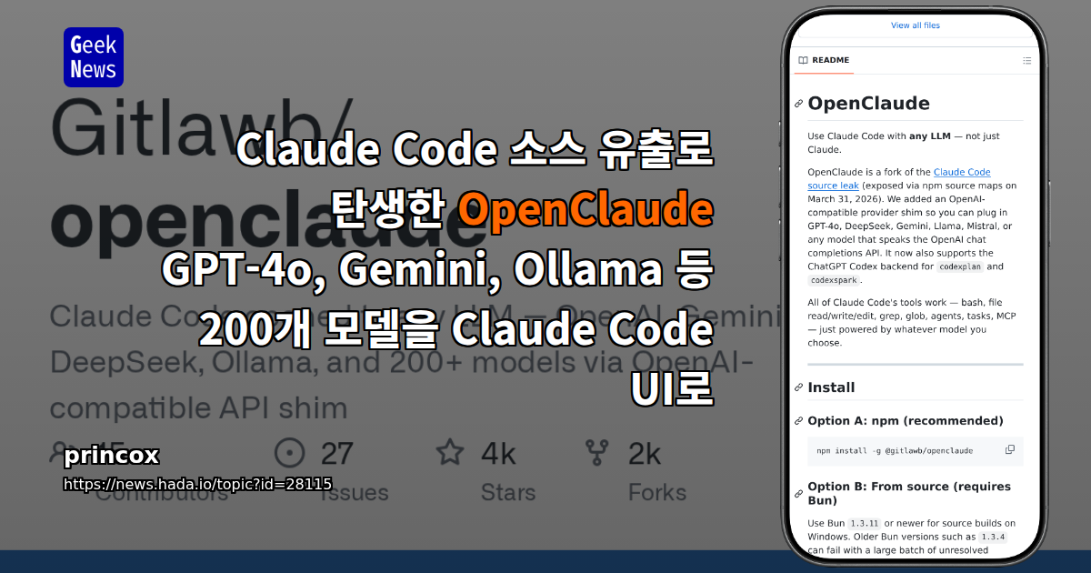 Claude Code 소스 유출로 탄생한 OpenClaude — GPT-4o, Gemini, Ollama 등 200개 모델을 Claude Code UI로