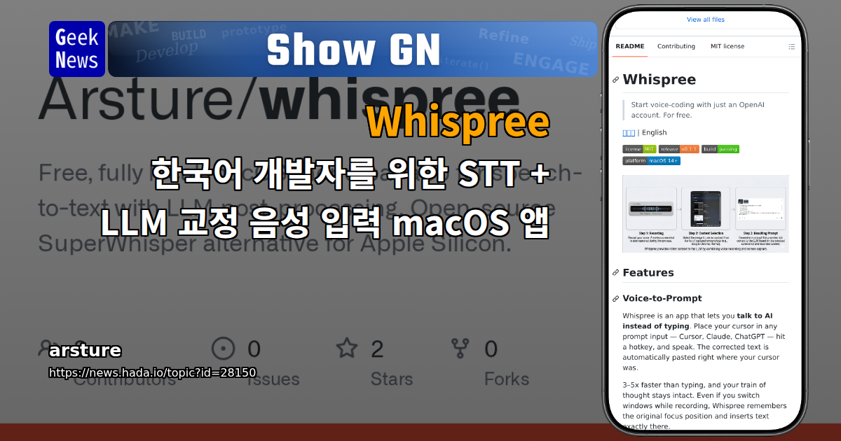 Show GN: Whispree - 한국어 개발자를 위한 STT + LLM 교정 음성 입력 macOS 앱