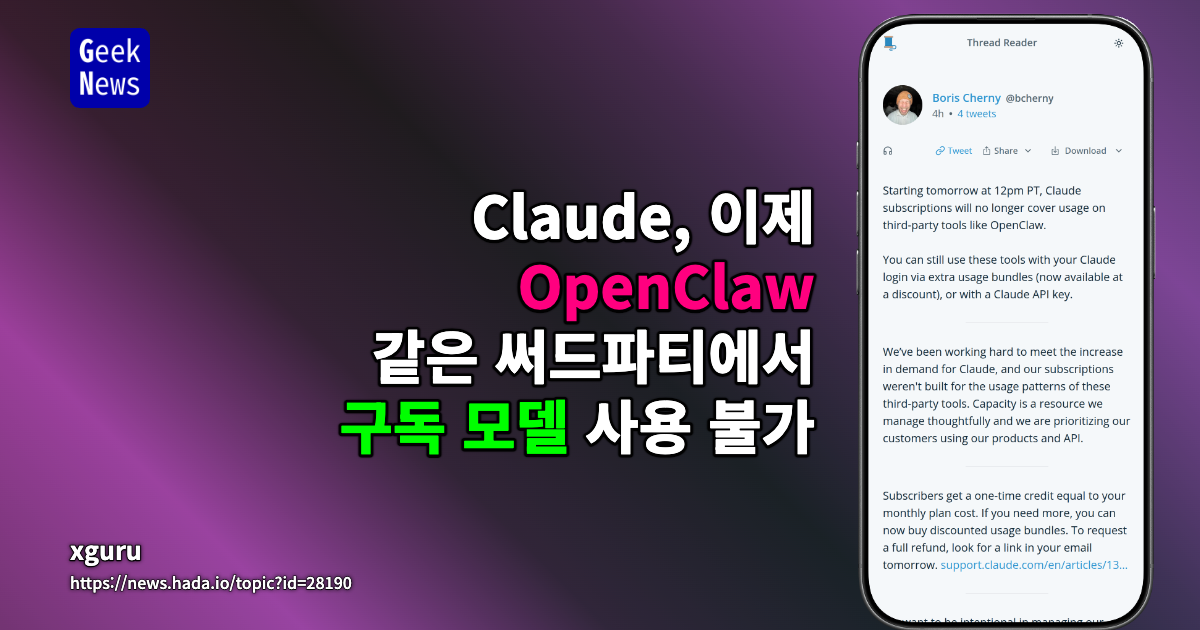 Claude, 이제 OpenClaw 같은 써드파티에서 구독 모델 사용 불가
