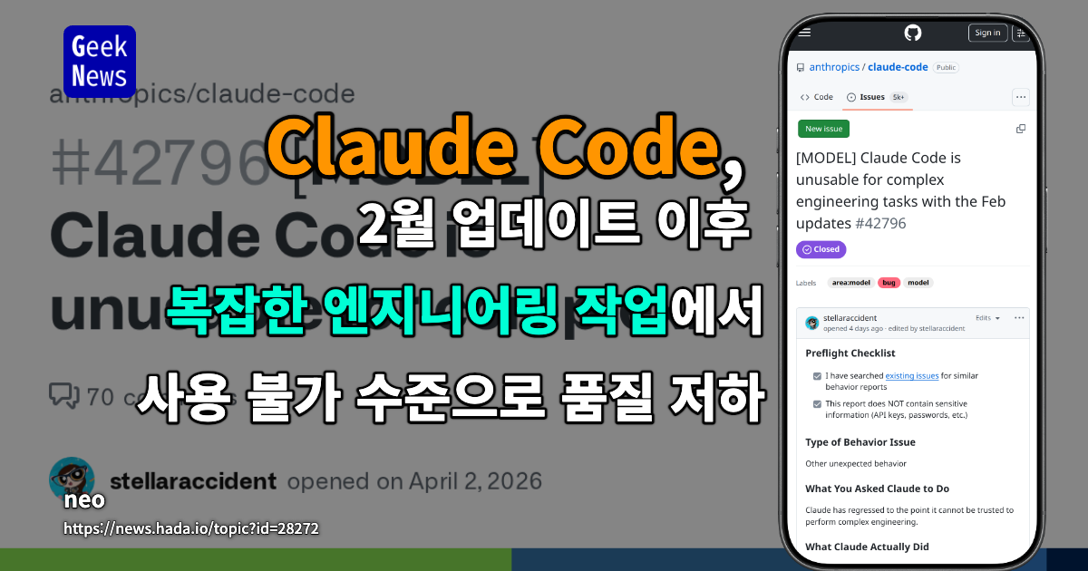 Claude Code, 2월 업데이트 이후 복잡한 엔지니어링 작업에서 사용 불가 수준으로 품질 저하