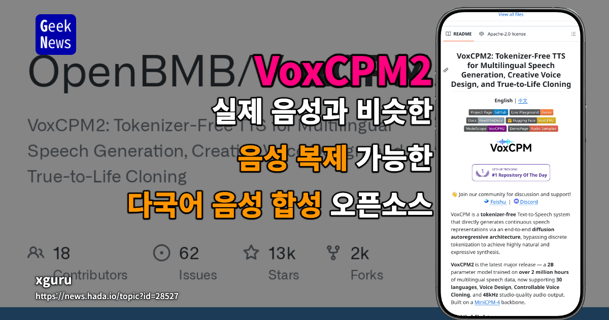 VoxCPM2 - 실제 음성과 비슷한 음성 복제 가능한 다국어 음성 합성 오픈소스