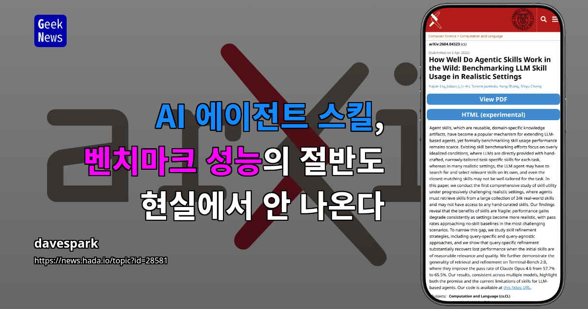 AI 에이전트 스킬, 벤치마크 성능의 절반도 현실에서 안 나온다