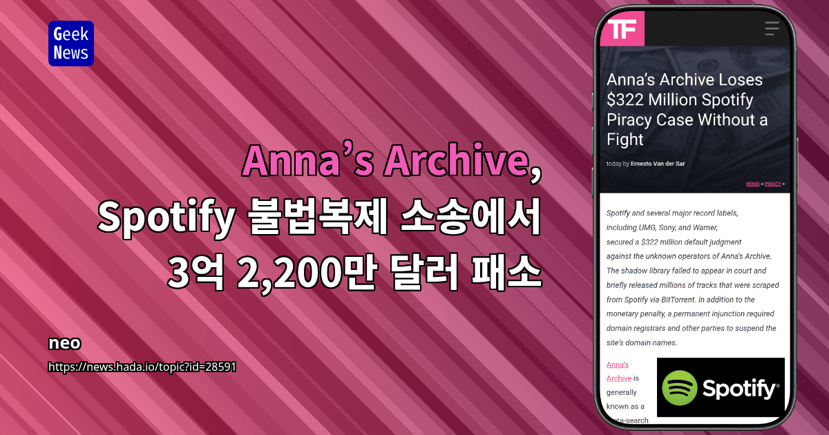 Anna’s Archive, Spotify 불법복제 소송에서 3억 2,200만 달러 패소