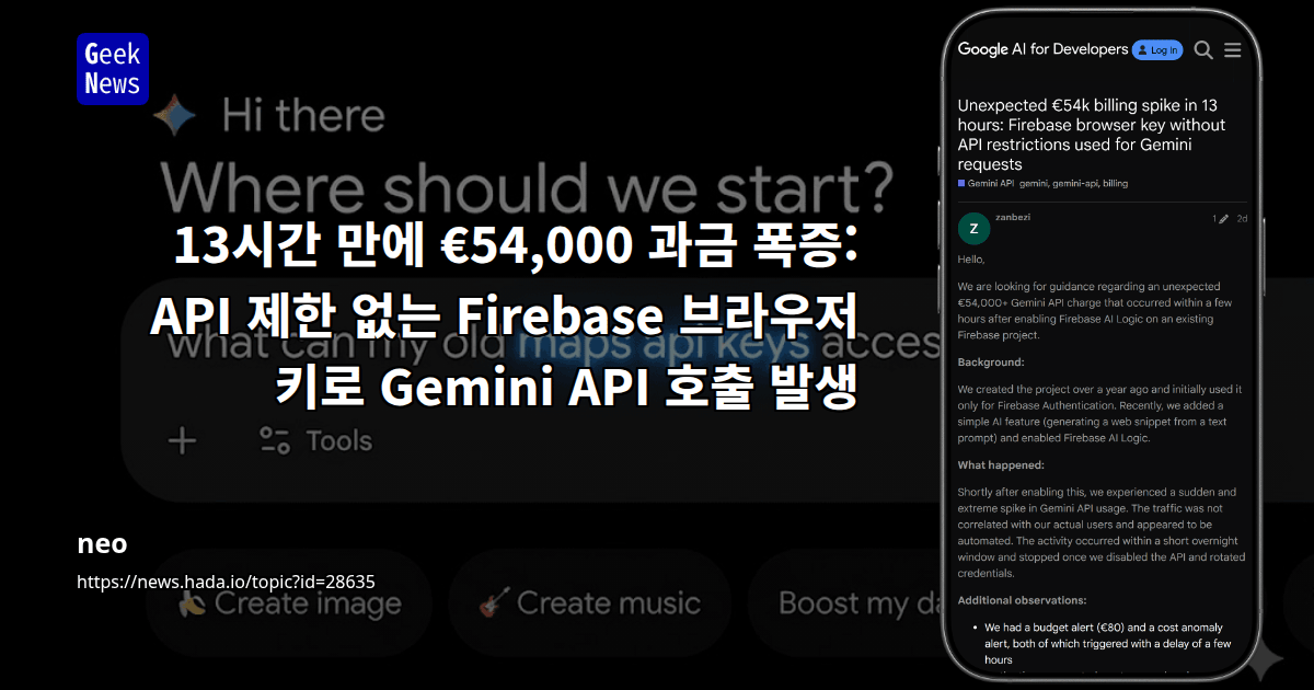 13시간 만에 €54,000 과금 폭증: API 제한 없는 Firebase 브라우저 키로 Gemini API 호출 발생