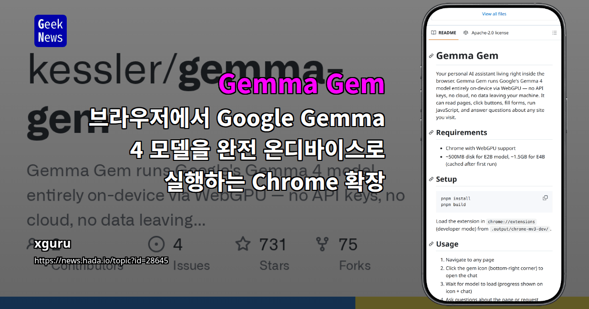 Gemma Gem - 브라우저에서 Google Gemma 4 모델을 완전 온디바이스로 실행하는 Chrome 확장