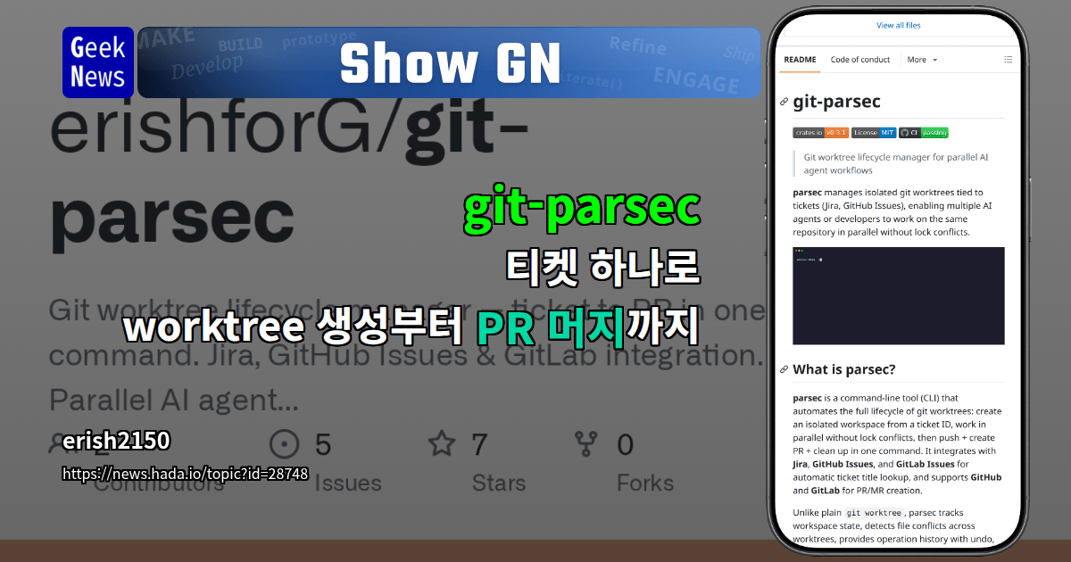 git-parsec — 티켓 하나로 worktree 생성부터 PR 머지까지 | GeekNews
