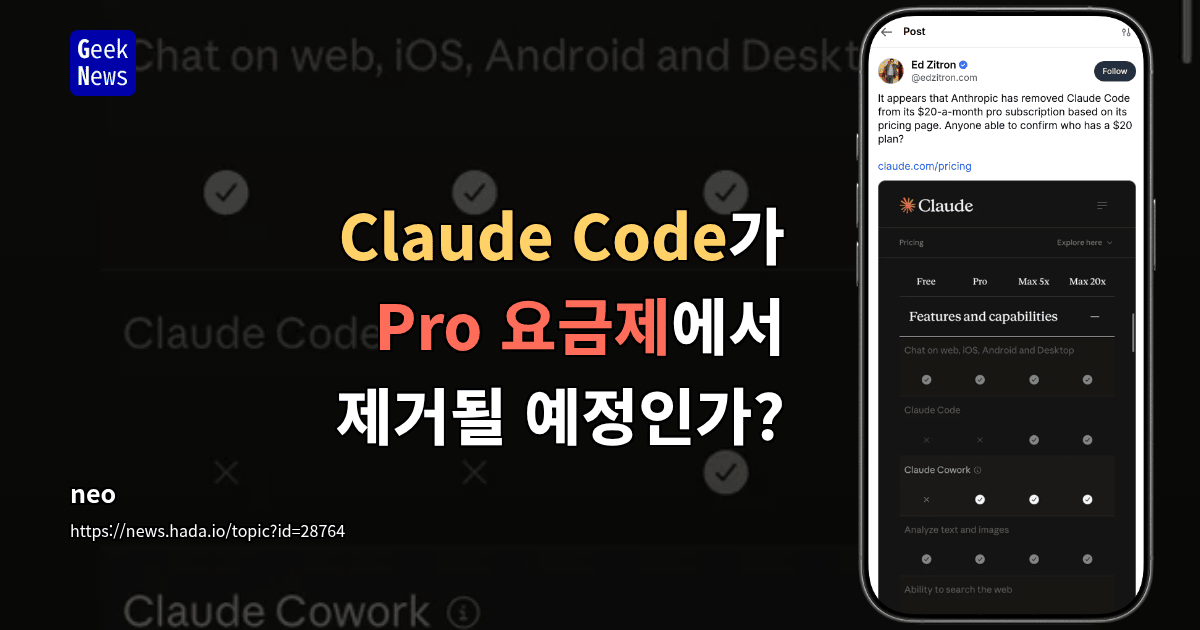 Claude Code가 Pro 요금제에서 제거될 예정인가?