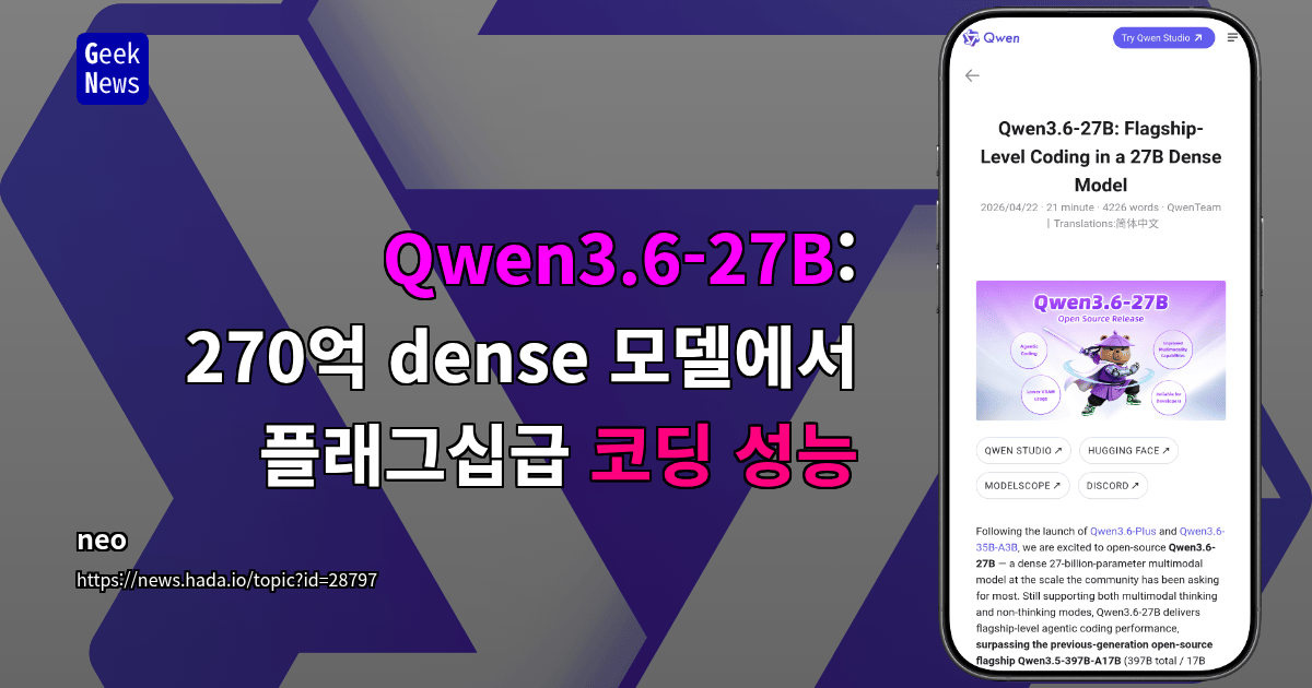 Qwen3.6-27B: 270억 dense 모델에서 플래그십급 코딩 성능
