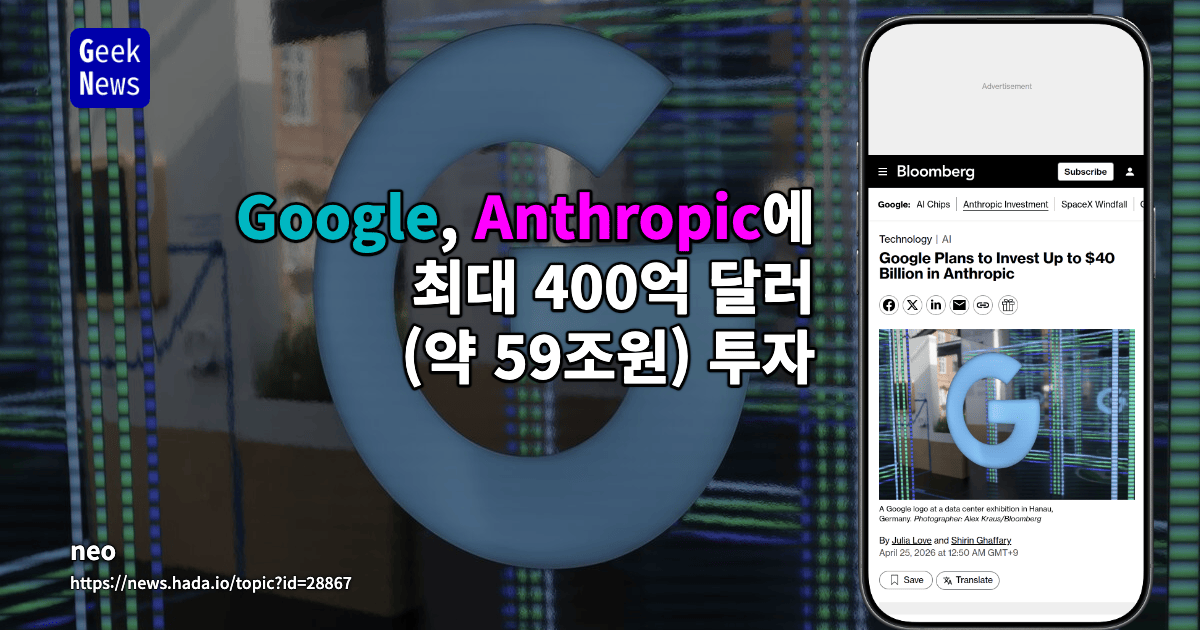 Google, Anthropic에 최대 400억 달러 (약 59조원) 투자
