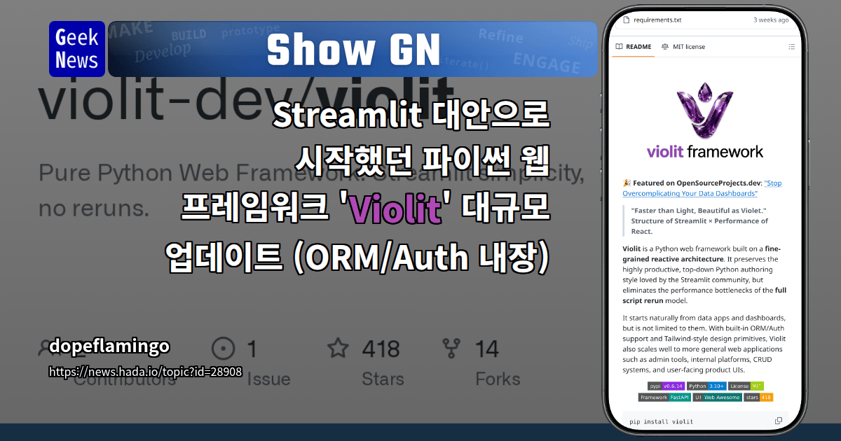 Show GN: Streamlit 대안으로 시작했던 파이썬 웹 프레임워크 'Violit' 대규모 업데이트 (ORM/Auth 내장)