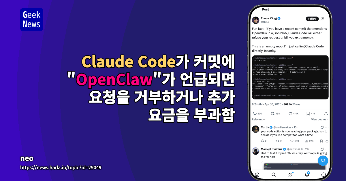 Claude Code가 커밋에 "OpenClaw"가 언급되면 요청을 거부하거나 추가 요금을 부과함