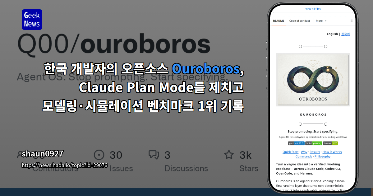 한국 개발자의 오픈소스 Ouroboros, Claude Plan Mode를 제치고 모델링·시뮬레이션 벤치마크 1위 기록