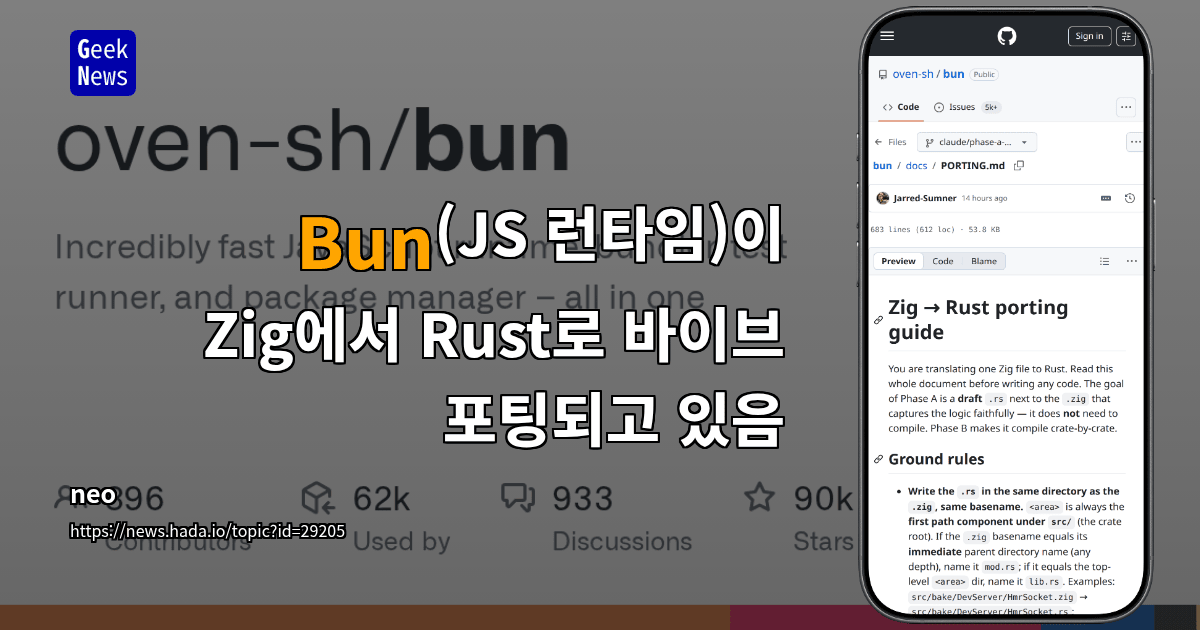 Bun(JS 런타임)이 Zig에서 Rust로 바이브 포팅되고 있음
