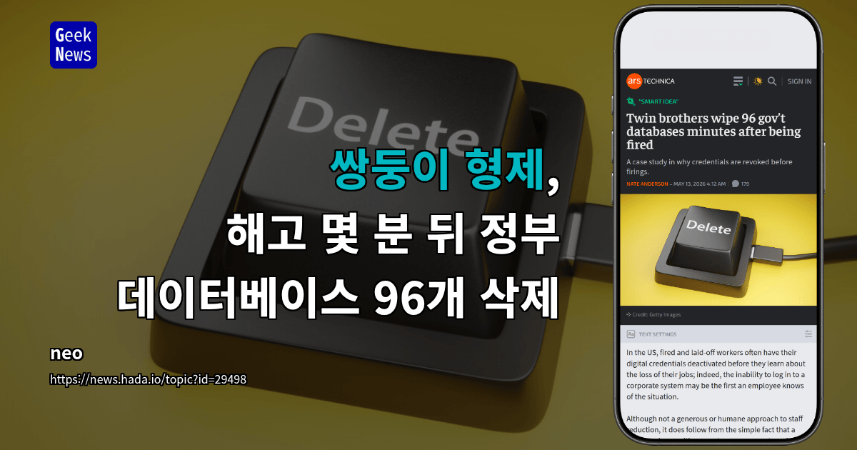 쌍둥이 형제, 해고 몇 분 뒤 정부 데이터베이스 96개 삭제