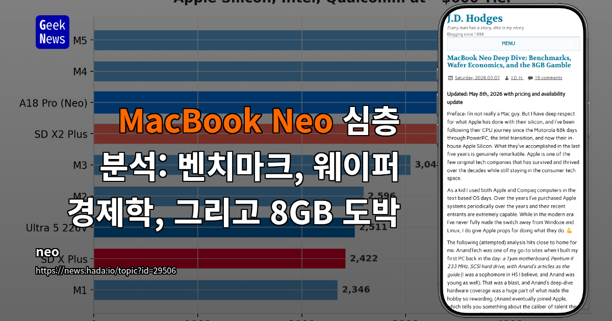 MacBook Neo 심층 분석: 벤치마크, 웨이퍼 경제학, 그리고 8GB 도박