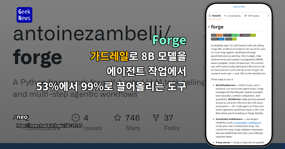Forge - 가드레일로 8B 모델을 에이전트 작업에서 53%에서 99%로 끌어올리는 도구