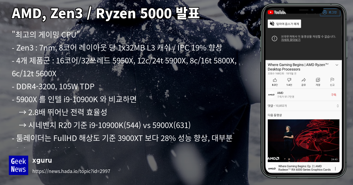 AMD, Zen3 / Ryzen 5000 발표 | GeekNews