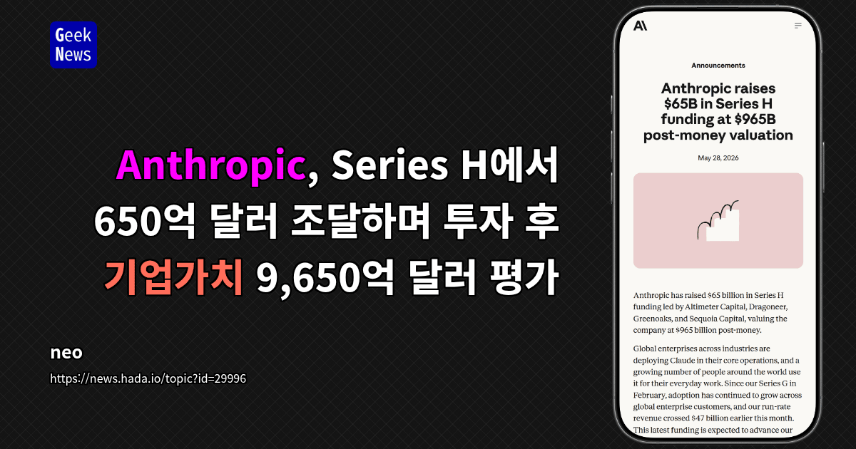 Anthropic, Series H에서 650억 달러 조달하며 투자 후 기업가치 9,650억 달러 평가