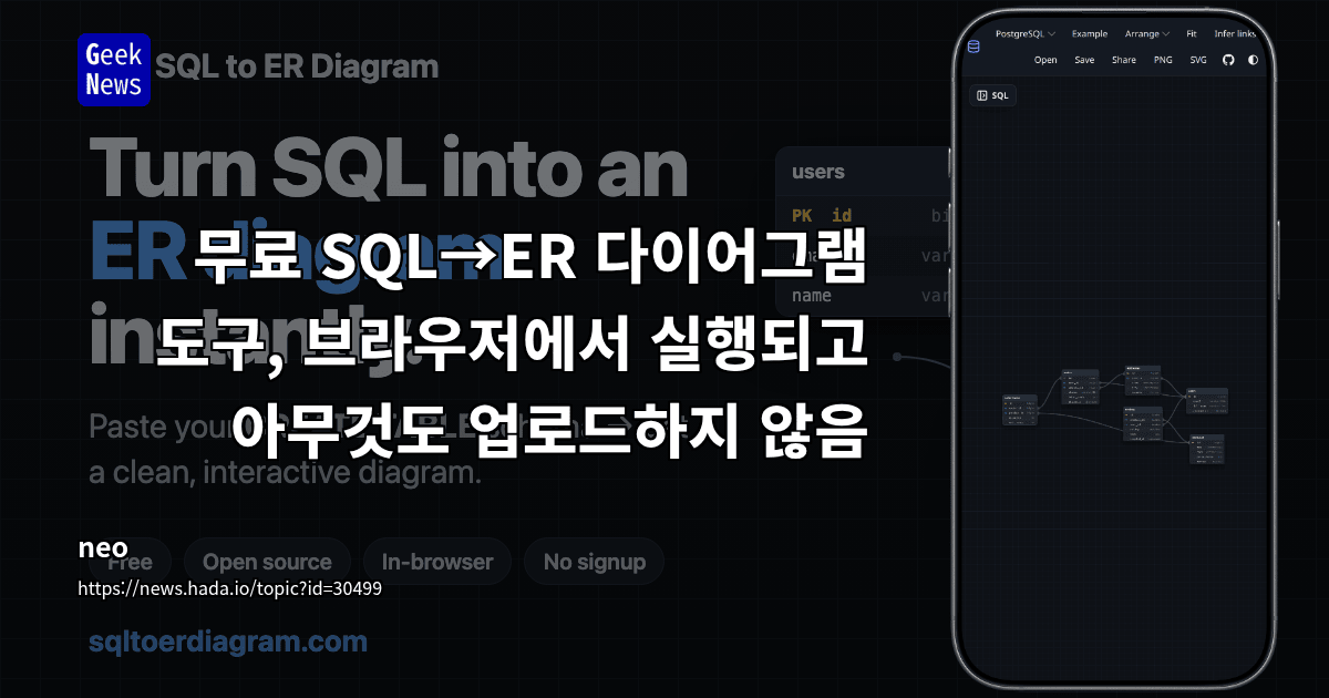 무료 SQL→ER 다이어그램 도구, 브라우저에서 실행되고 아무것도 업로드하지 않음