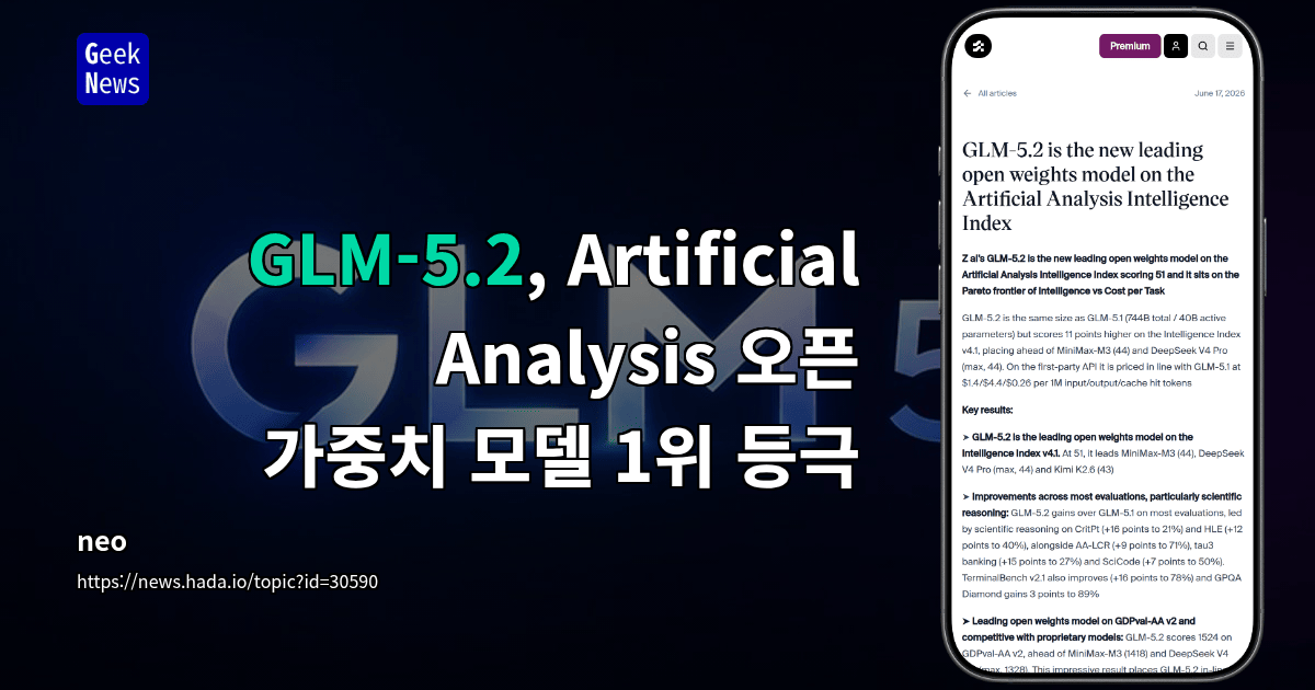 GLM-5.2, Artificial Analysis 오픈 가중치 모델 1위 등극