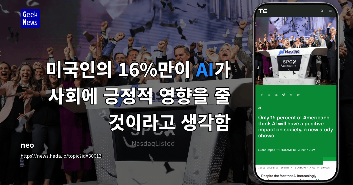미국인의 16%만이 AI가 사회에 긍정적 영향을 줄 것이라고 생각함