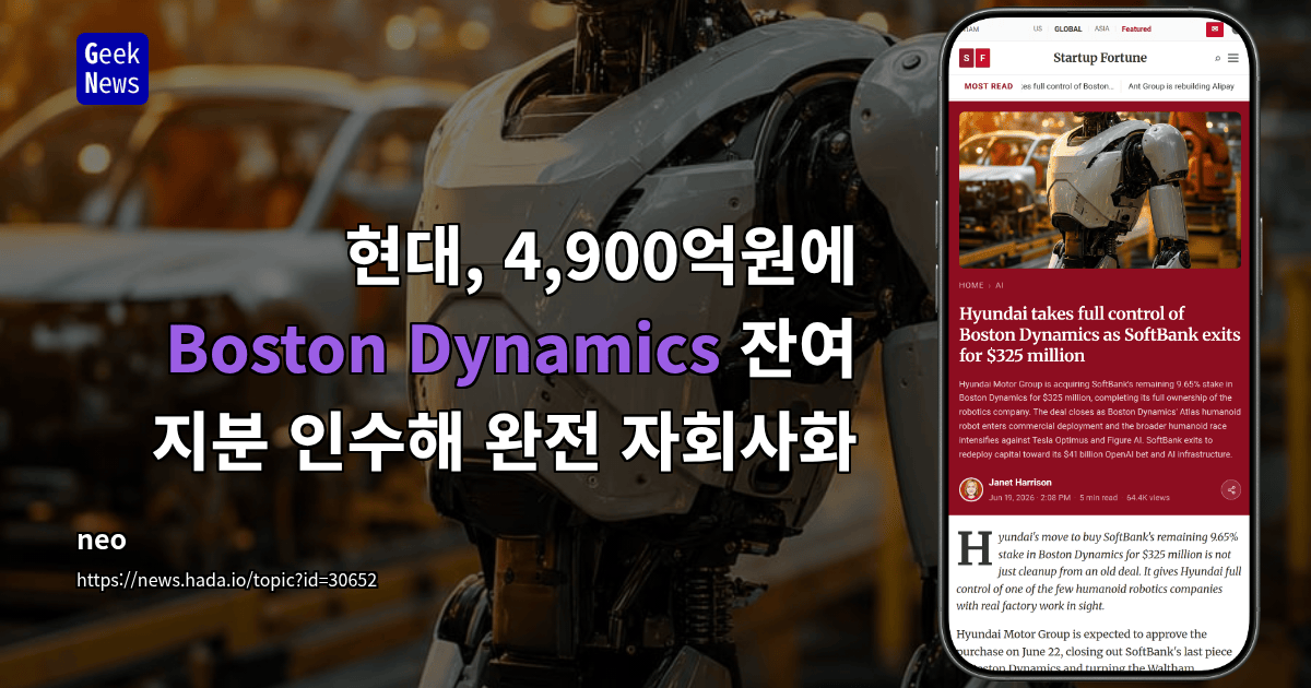 현대, 4,900억원에 Boston Dynamics 잔여 지분 인수해 완전 자회사화