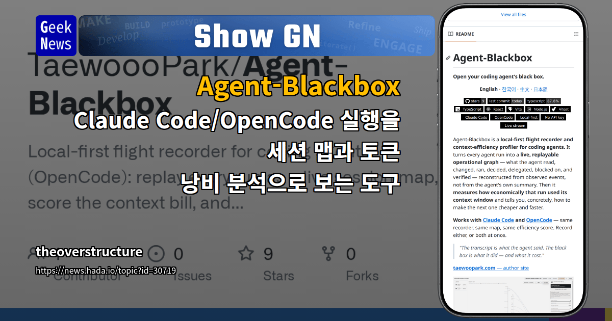 Show GN: Agent-Blackbox - Claude Code/OpenCode 실행을 세션 맵과 토큰 낭비 분석으로 보는 도구