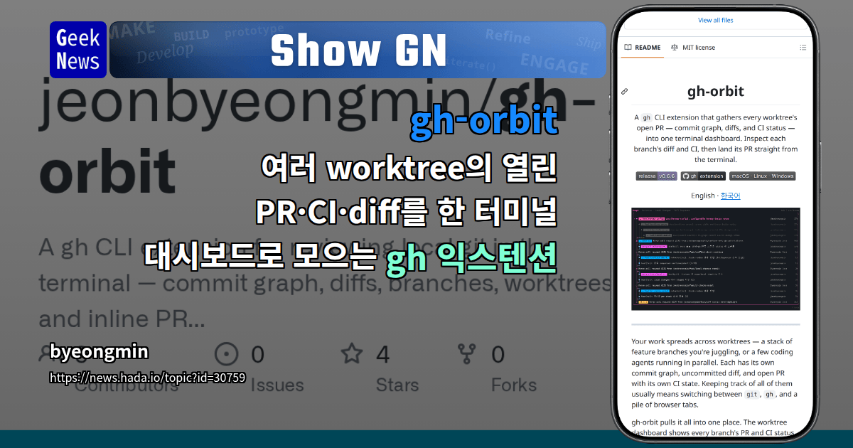 Show GN: gh-orbit – 여러 worktree의 열린 PR·CI·diff를 한 터미널 대시보드로 모으는 gh 익스텐션