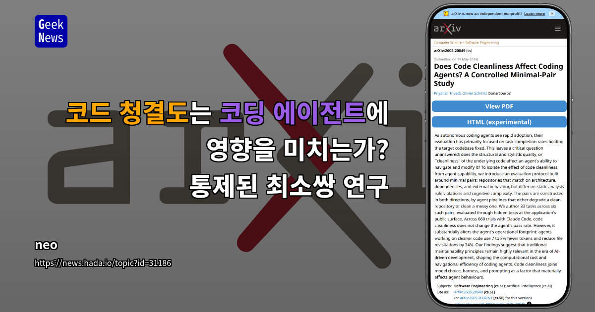 코드 청결도는 코딩 에이전트에 영향을 미치는가? 통제된 최소쌍 연구