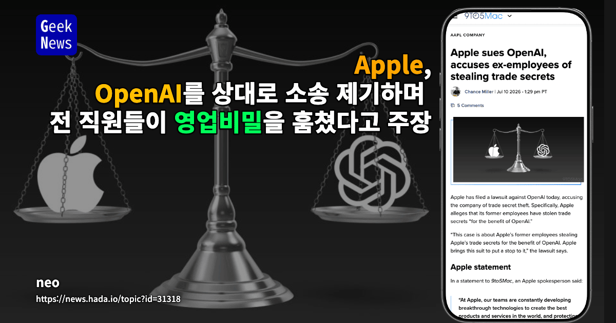 Apple, OpenAI를 상대로 소송 제기하며 전 직원들이 영업비밀을 훔쳤다고 주장