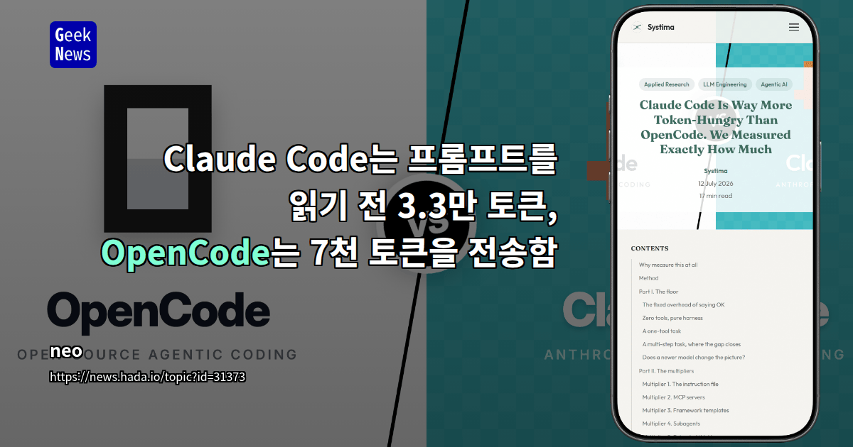Claude Code는 프롬프트를 읽기 전 3.3만 토큰, OpenCode는 7천 토큰을 전송함