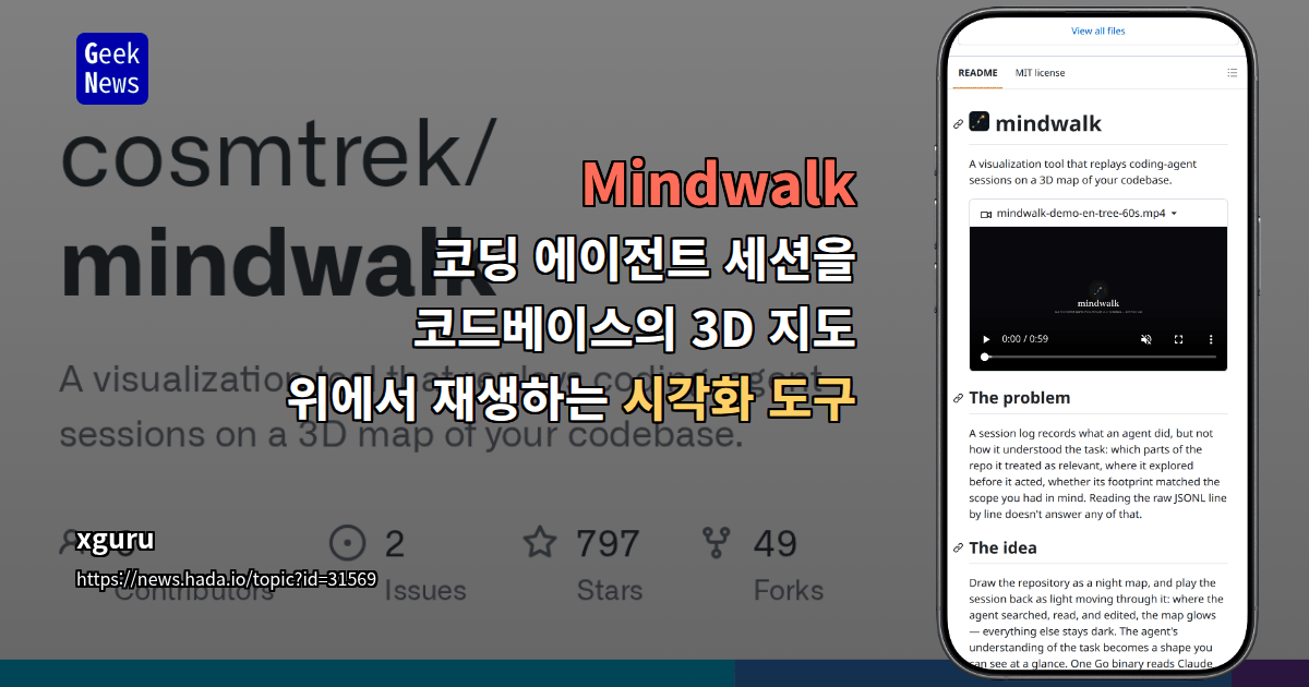 Mindwalk - 코딩 에이전트 세션을 코드베이스의 3D 지도 위에서 재생하는 시각화 도구