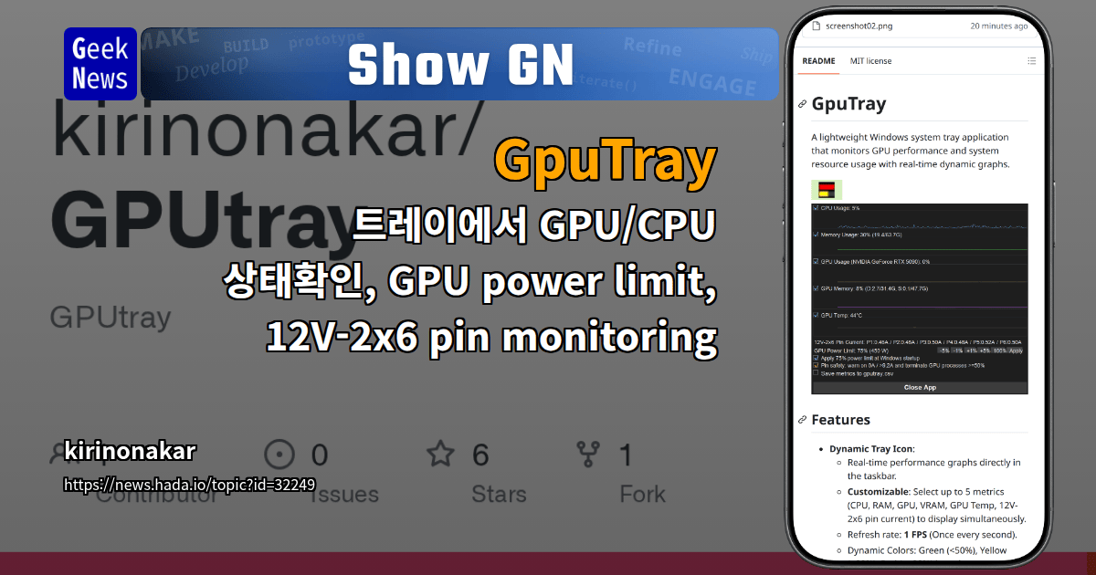 Show GN: GpuTray - 트레이에서 GPU/CPU 상태확인, GPU power limit, 12V-2x6 pin monitoring