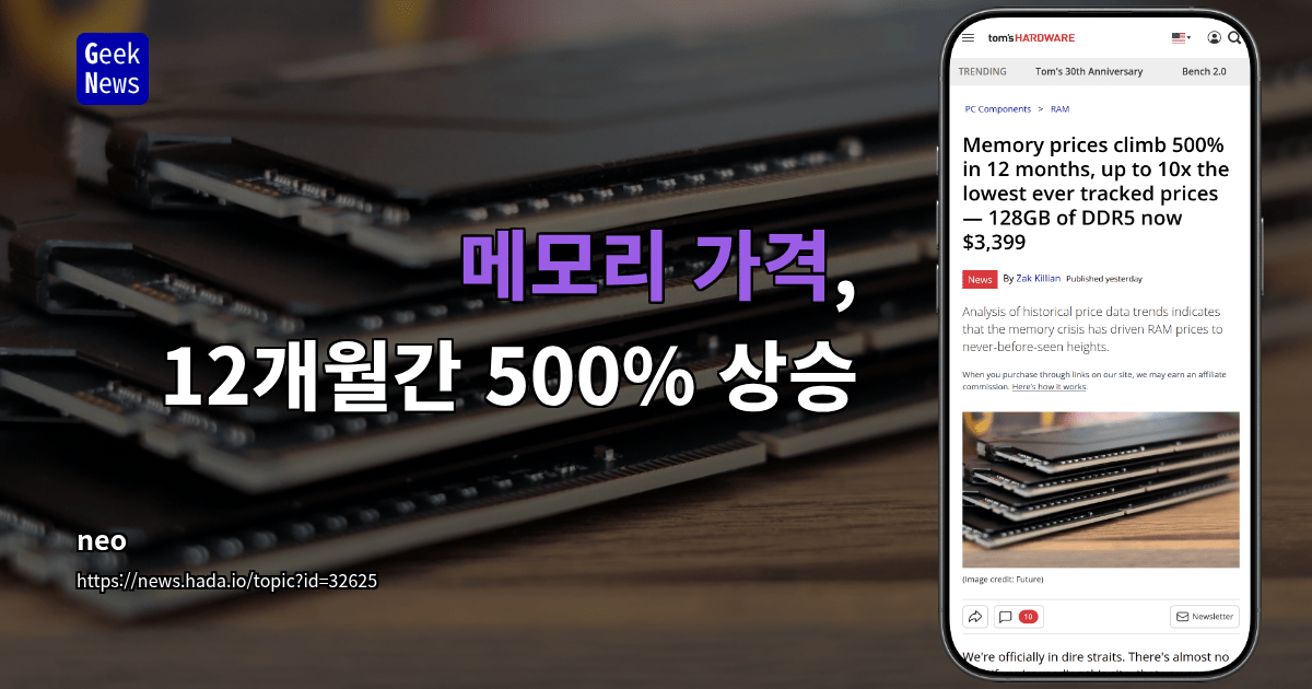 메모리 가격, 12개월간 500% 상승
