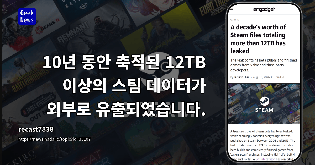 10년 동안 축적된 12TB 이상의 스팀 데이터가 외부로 유출되었습니다.