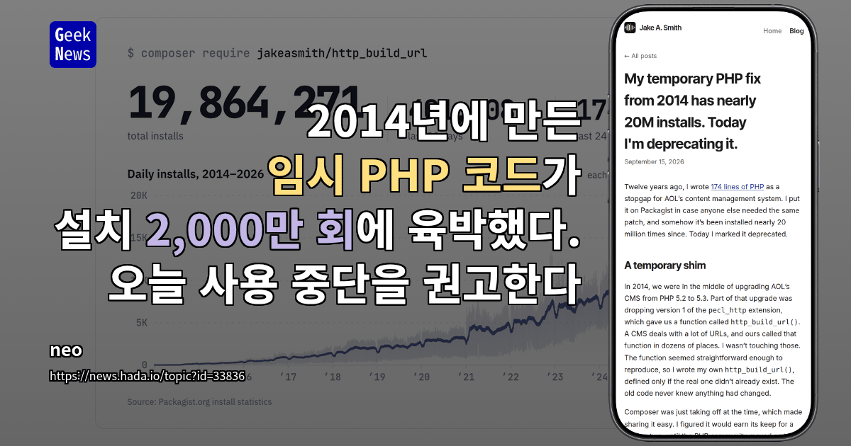 2014년에 만든 임시 PHP 코드가 설치 2,000만 회에 육박했다. 오늘 사용 중단을 권고한다