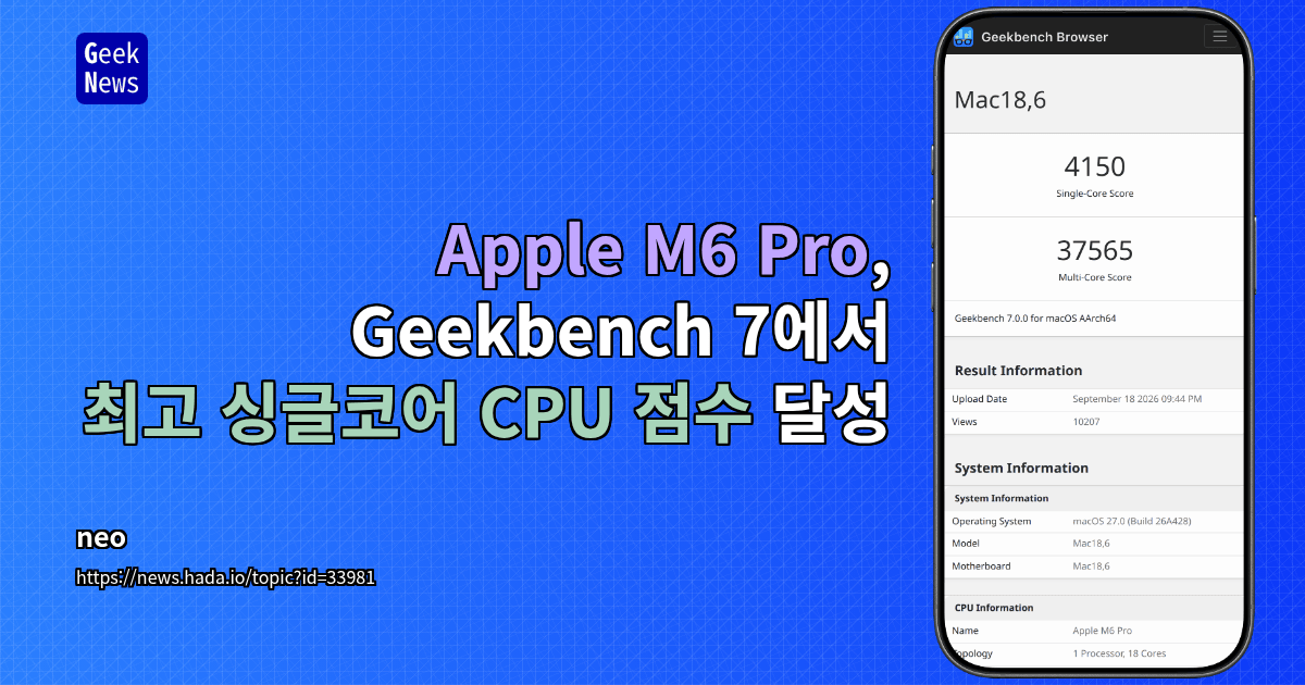 Apple M6 Pro, Geekbench 7에서 최고 싱글코어 CPU 점수 달성