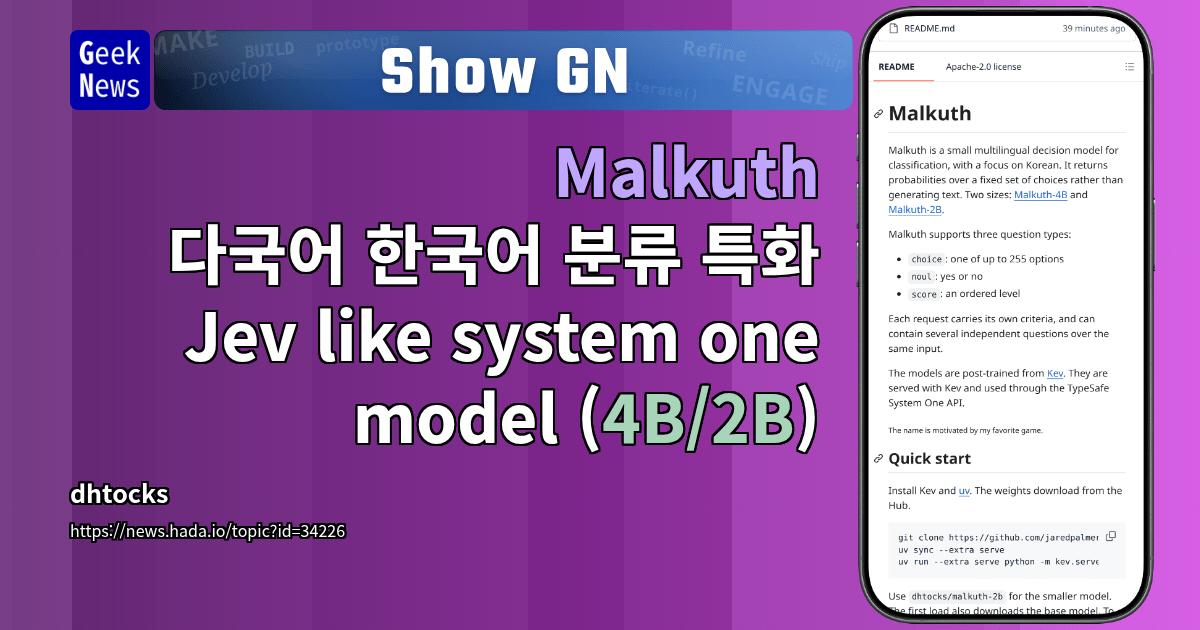 Show GN: Malkuth - 다국어 한국어 분류 특화 Jev like system one model (4B/2B)